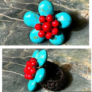 Turquoise/ Red Stone Glass Beaded Flower Braided Band Handmade Ring